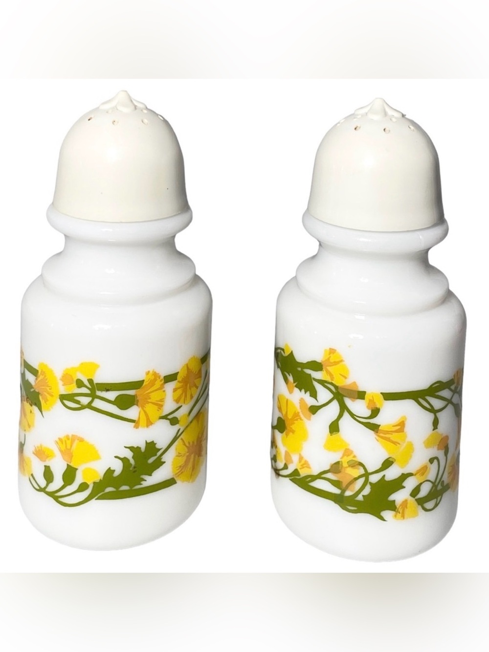 Avon Salt & Pepper Shakers 4.5” Milk Glass Floral 1970’s Vintage